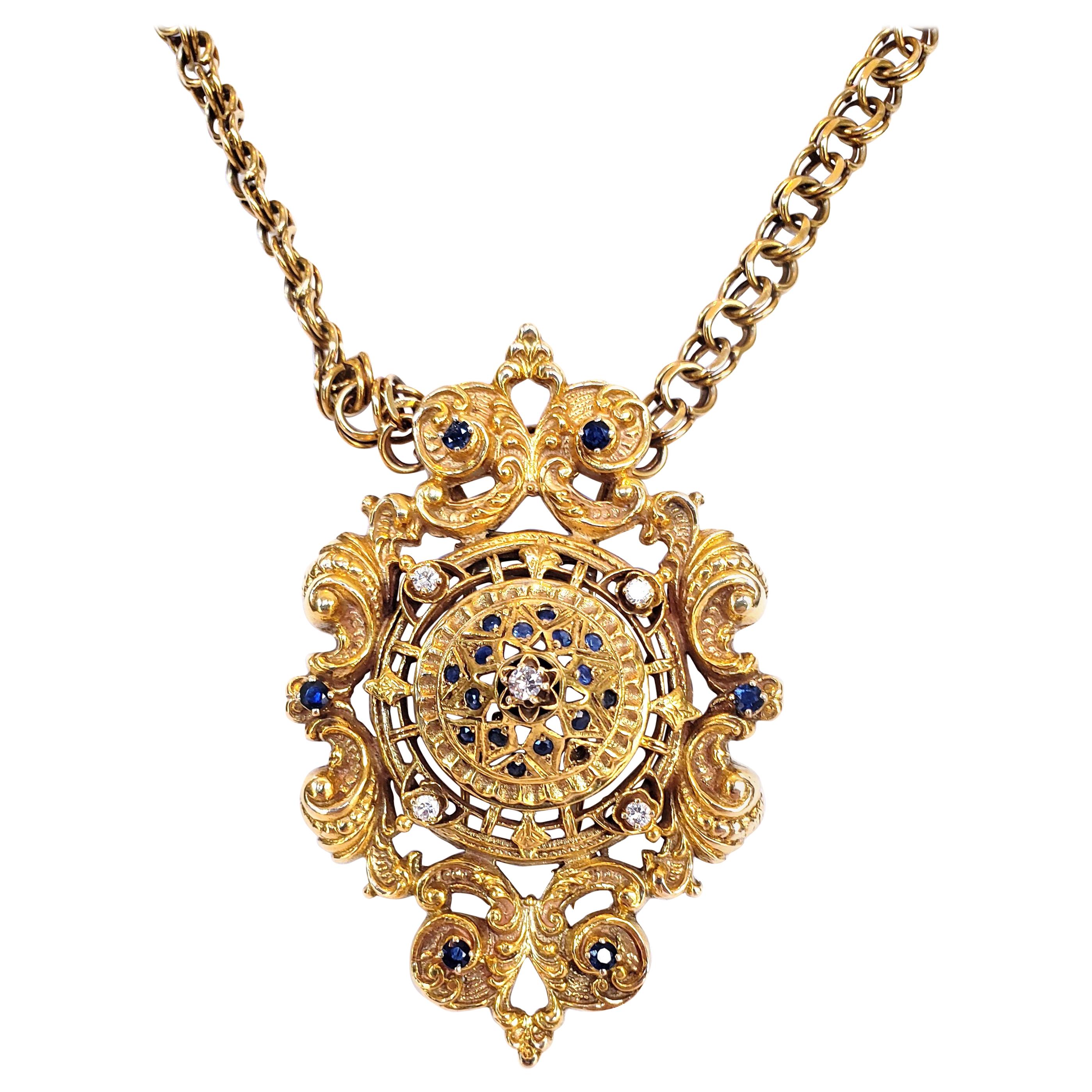 14 Karat Gold Necklace with Highly Stylized Diamond and Sapphire Pendant/Brooch For Sale