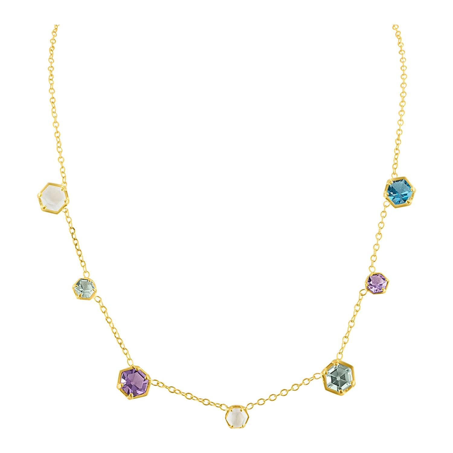 14 Karat Gold Halskette mit mehrfarbigen Sechseckigen und Baguetteschliff
