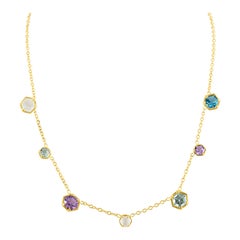 14 Karat Gold Necklace with Multi Colored Hexagons and Baguettes
