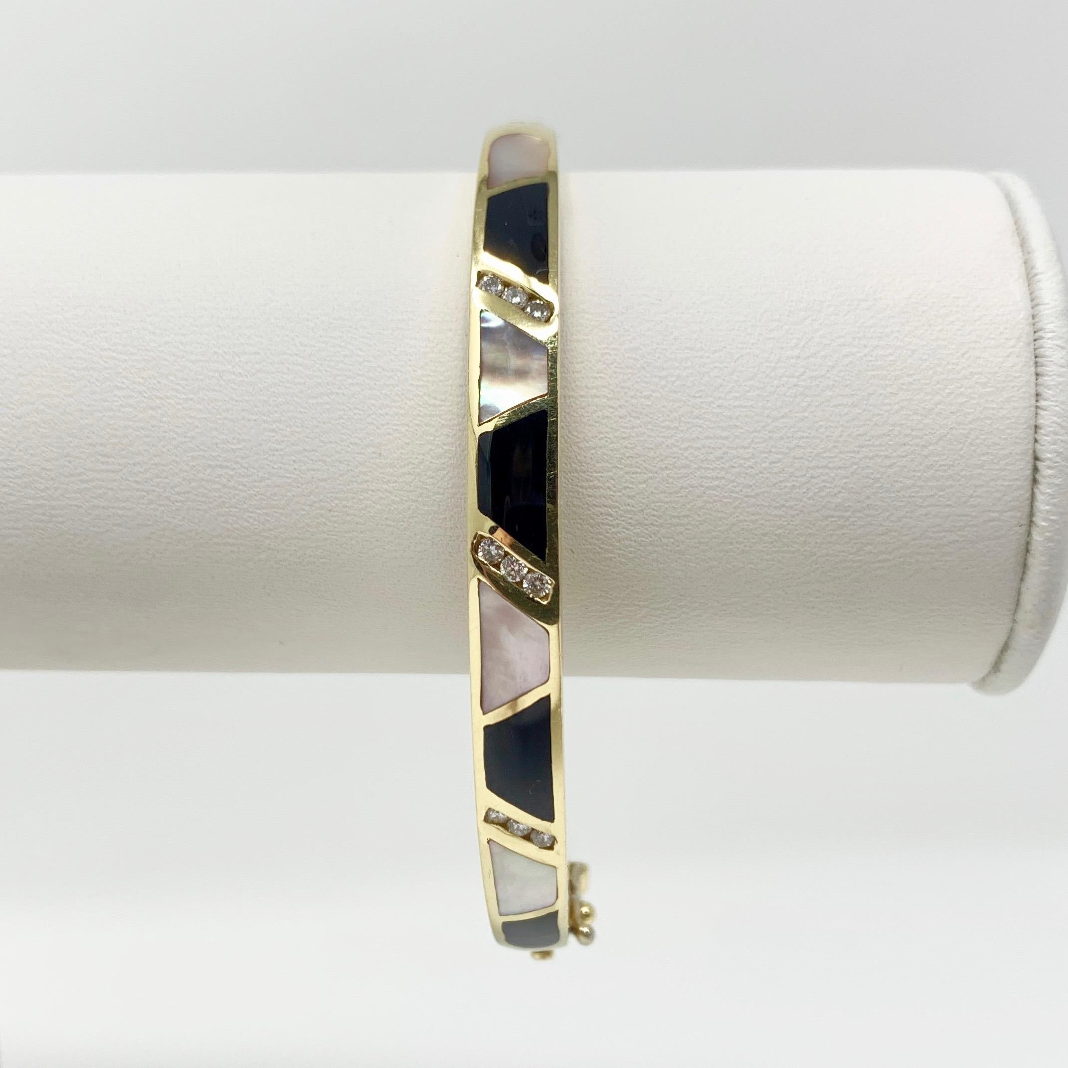 14 Karat Gold Onxy Mother of Pearl and Diamond Inlay Bangle Bracelet In Good Condition In Guilford, CT
