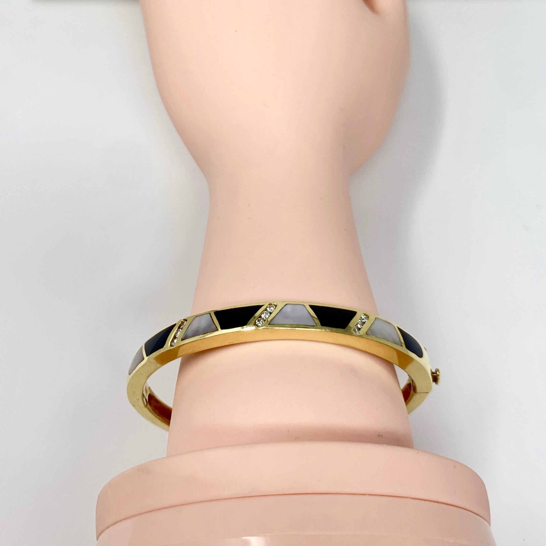 14 Karat Gold Onxy Mother of Pearl and Diamond Inlay Bangle Bracelet 4