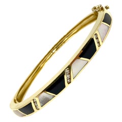 14 Karat Gold Onxy Mother of Pearl and Diamond Inlay Bangle Bracelet