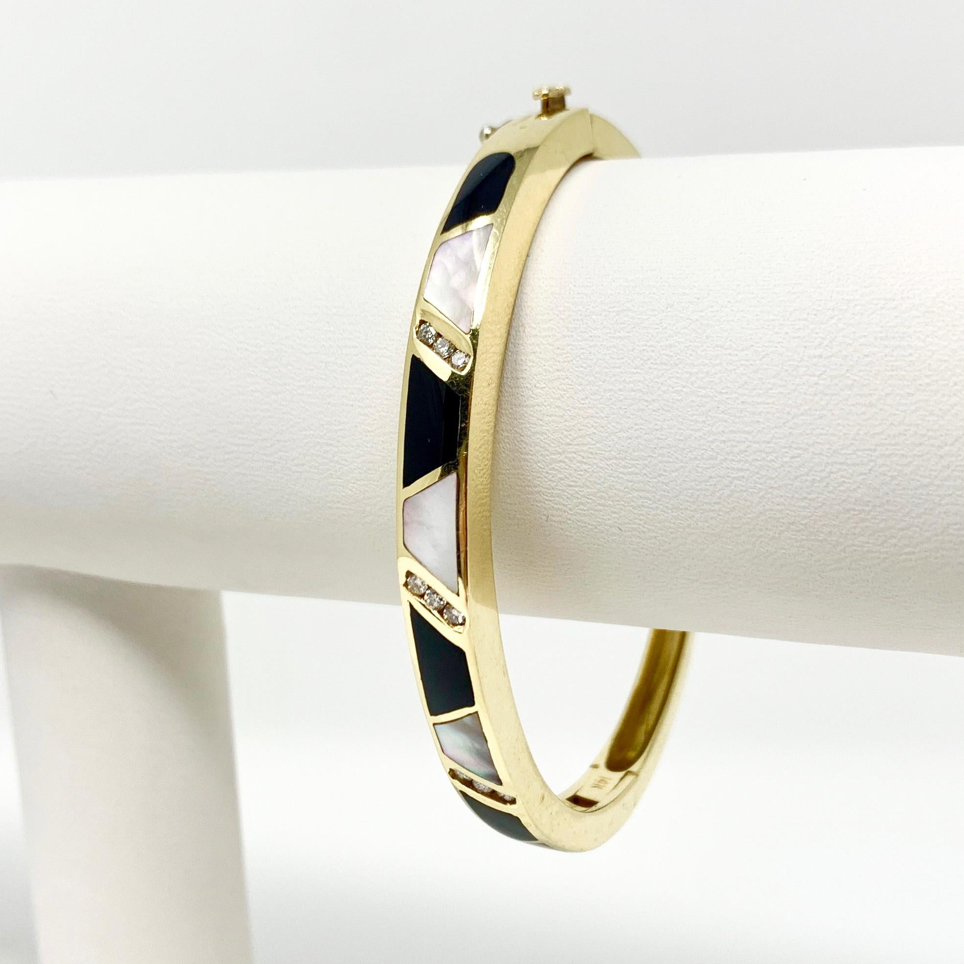 14k Yellow Gold Onxy Mother of Pearl and Diamond Inlay Bangle Bracelet 6.75