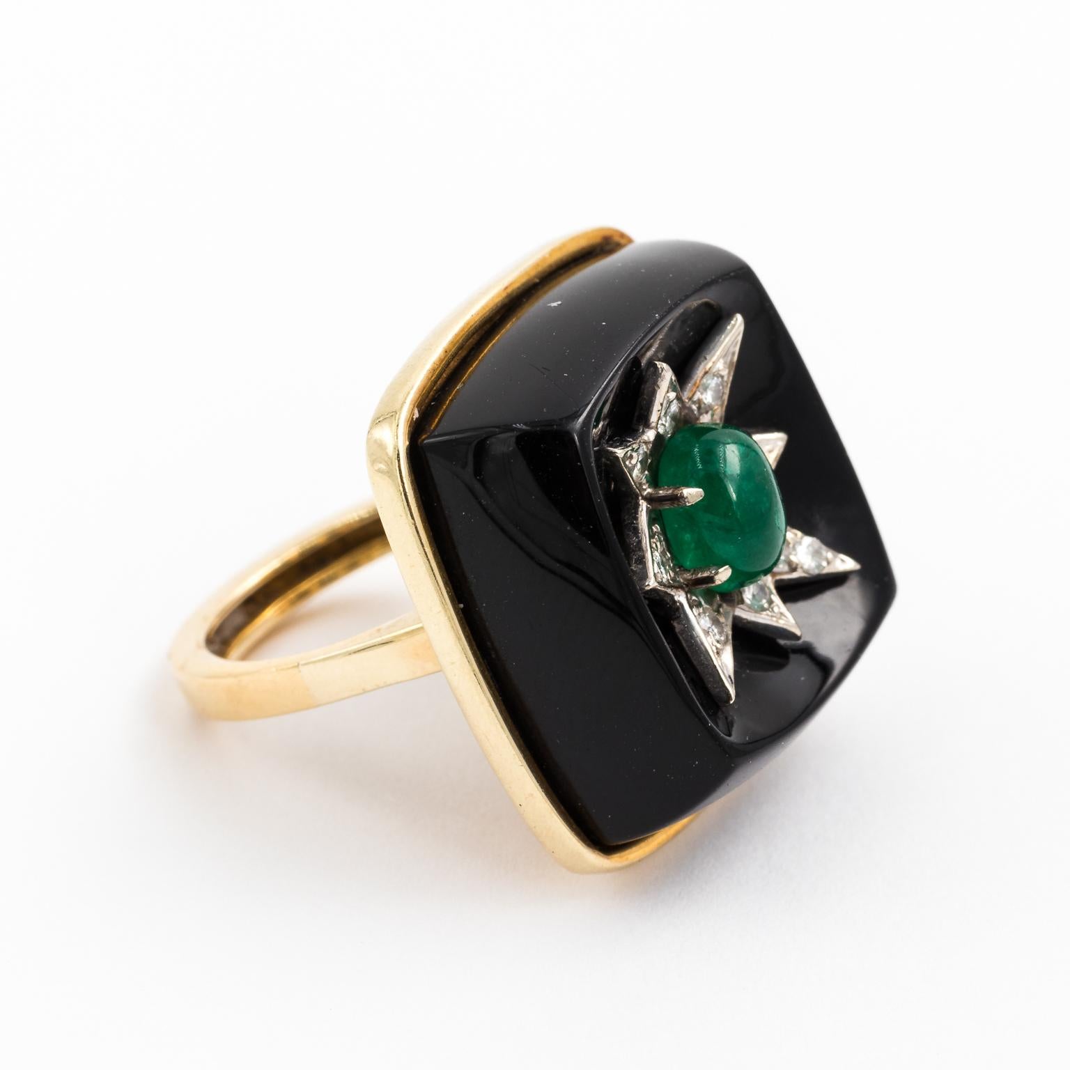 Art Deco 14 Karat Gold Onyx Cocktail Ring with Emerald and Diamond Star For Sale