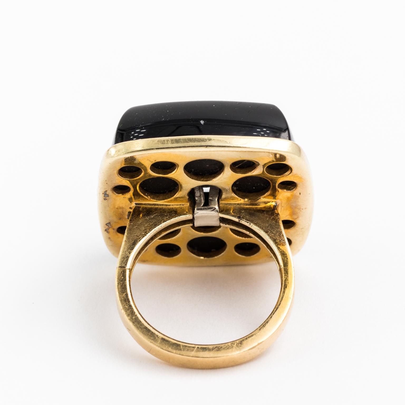 Women's 14 Karat Gold Onyx Cocktail Ring with Emerald and Diamond Star For Sale