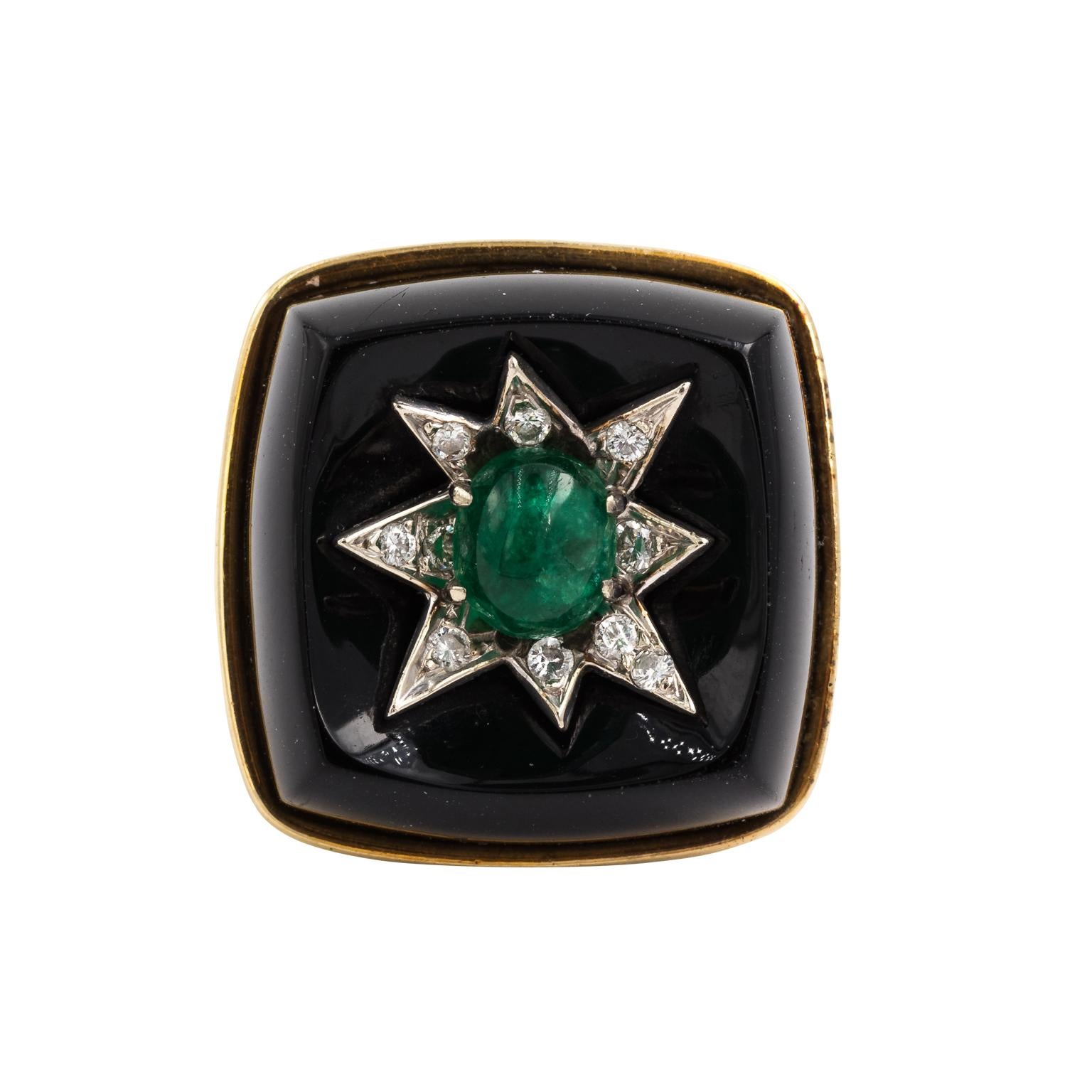 14 Karat Gold Onyx Cocktail Ring with Emerald and Diamond Star For Sale