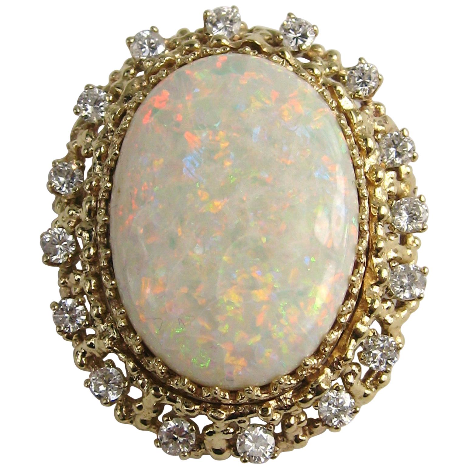 14 Karat Gold Opal Diamond Pendant, Brooch, 1960s 13+ Carat