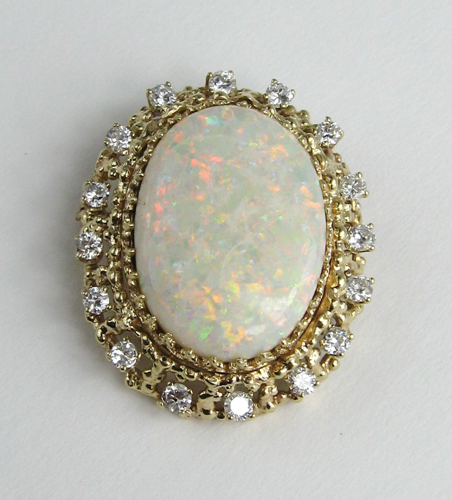 14 Karat Gold Opal-Diamant-Anhänger, Brosche, 1960er Jahre 13+ Karat im Zustand „Gut“ im Angebot in Wallkill, NY