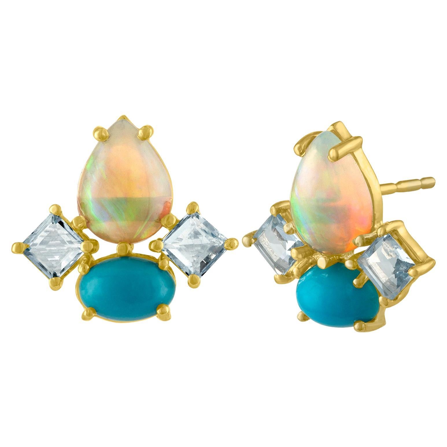 14 Karat Gold, Opal, Turquoise and Aquamarine Multi Shaped Stud Earrings For Sale