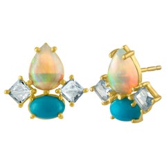 Vintage 14 Karat Gold, Opal, Turquoise and Aquamarine Multi Shaped Stud Earrings
