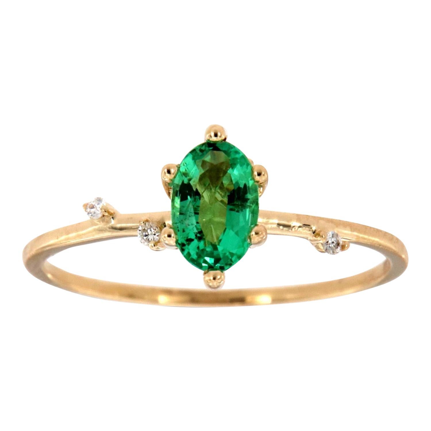 14 Karat Gold Oval Green Emerald Organic Vintage Fashion Ring Center-1/2 Carat