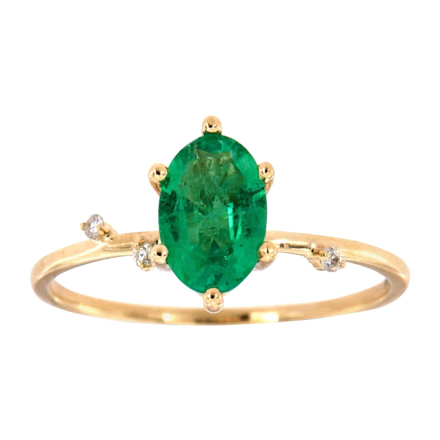 14 Karat Gold Oval Green Emerald Organic Vintage Fashion Ring Center, 2/3 Carat