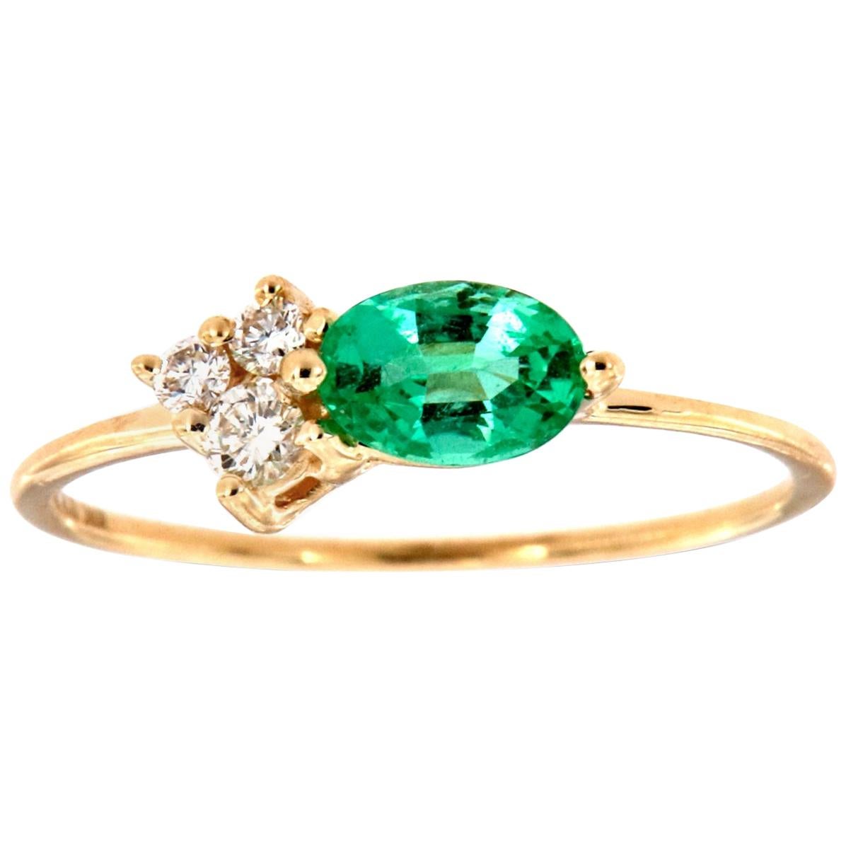 14 Karat Gold Oval Green Emerald Rustic Vintage Diamond Ring Center-1/2 Carat For Sale