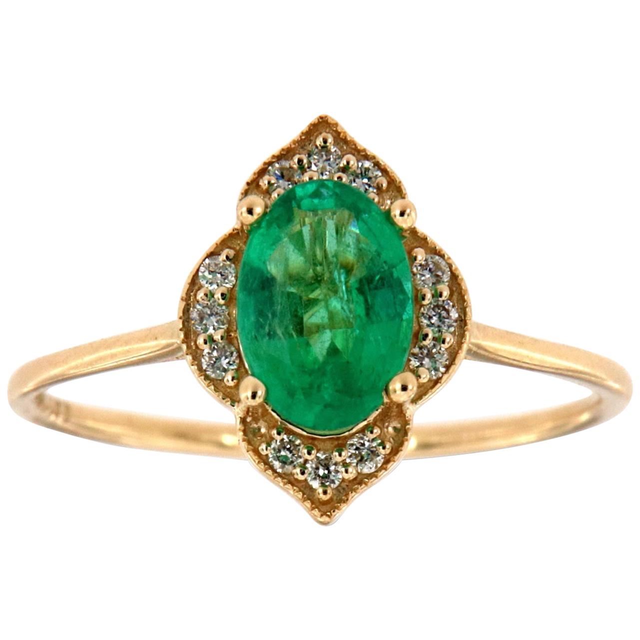 14 Karat Gold Oval Green Emerald Vintage Halo Diamond Ring Center, 3/4 Carat For Sale
