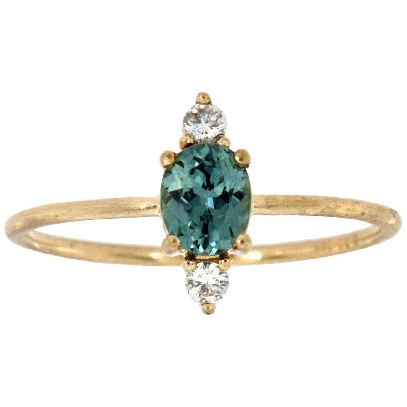 14 Karat Gold Oval Teal Sapphire Rustic Vintage Diamond Ring 'Center-1/2 Carat' For Sale