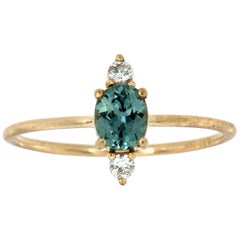 14 Karat Gold Oval Teal Sapphire Rustic Used Diamond Ring 'Center-1/2 Carat'