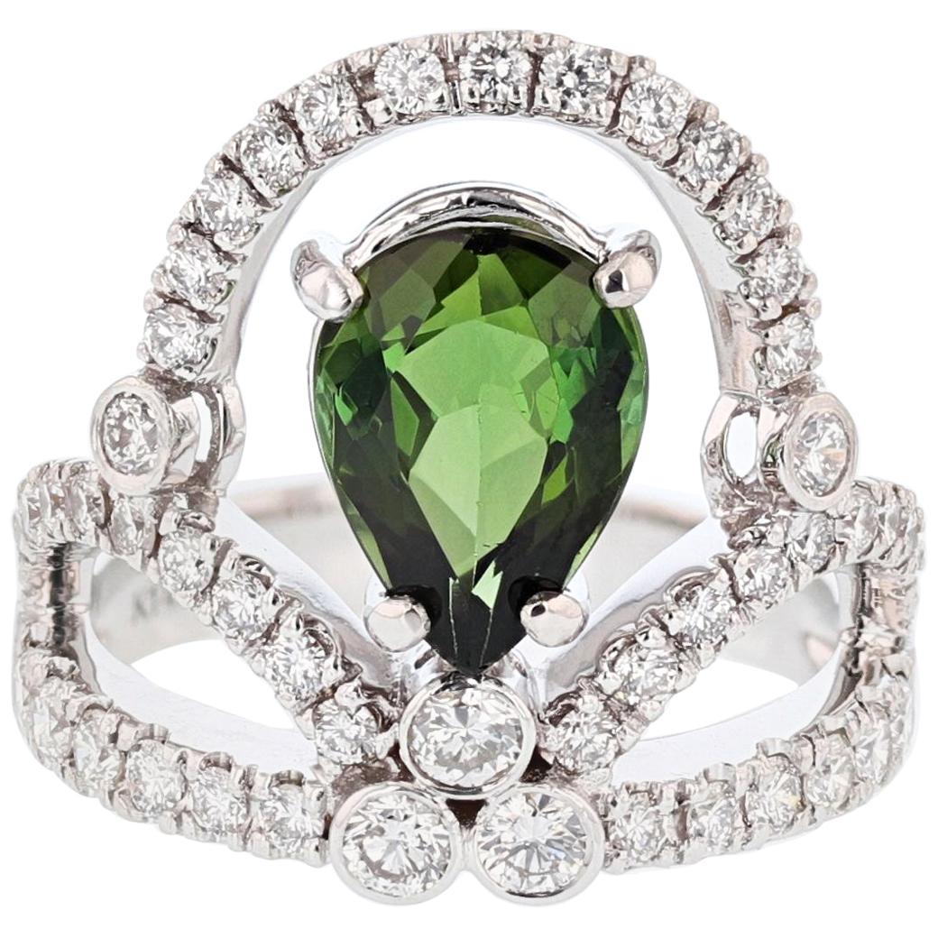 14 Karat Gold Pear Shape 2.25 Carat Green Tourmaline and Diamond Tiara Ring