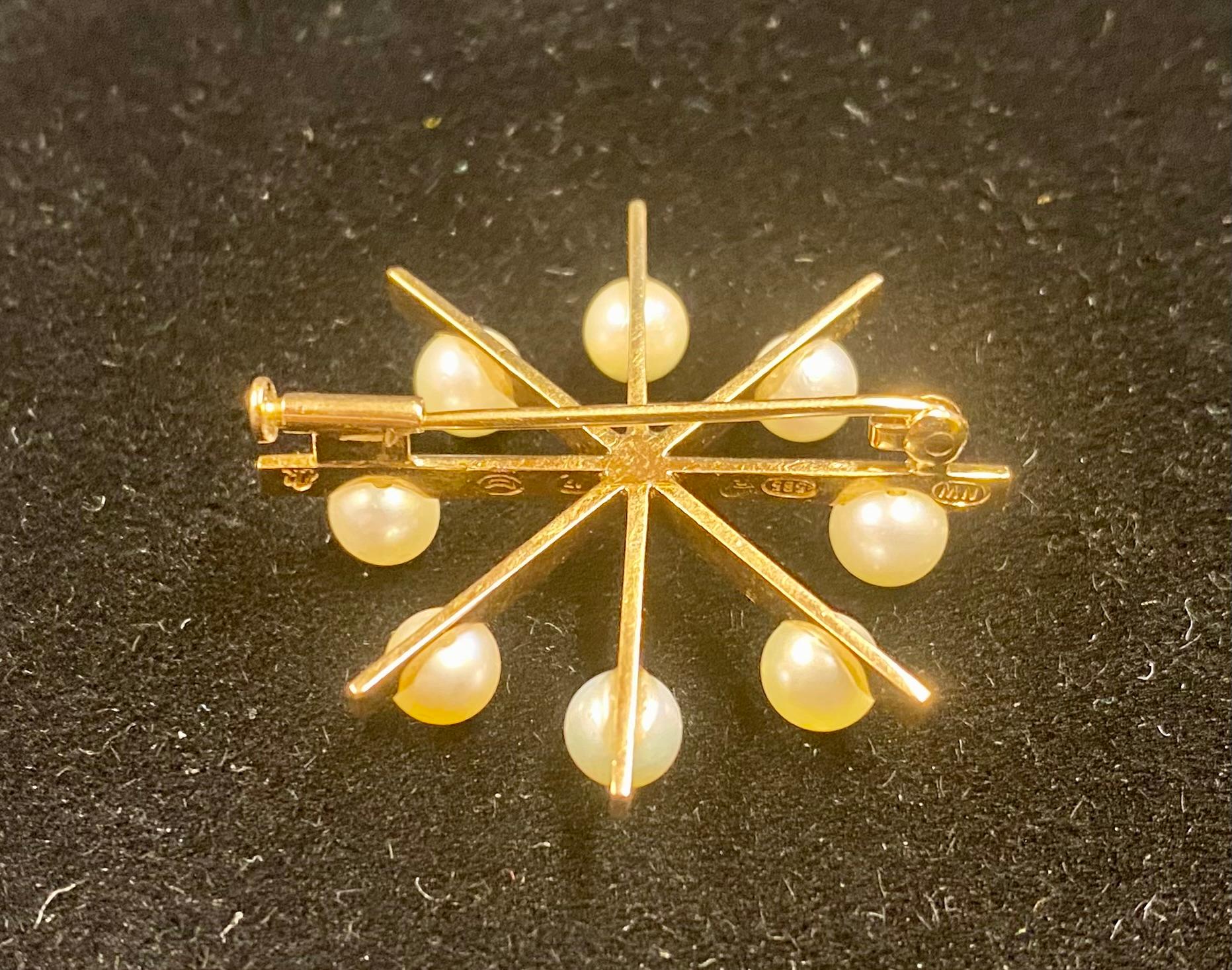 Uncut 14 Karat Gold Pearl Brooch, 1962, Helsinki Finland For Sale