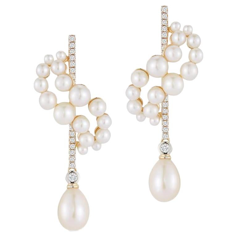 14 Karat Gold Pearl Curve Form Earrings with Drops For Sale