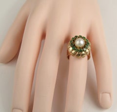 14 Karat Gold Perle Smaragd Cocktail-Ring, 1960er Jahre