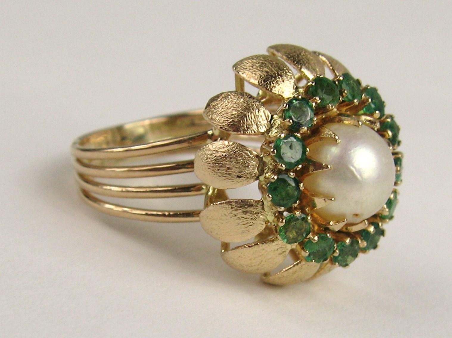 Retro 14 Karat Gold Pearl Emerald Cocktail Ring, 1960s For Sale