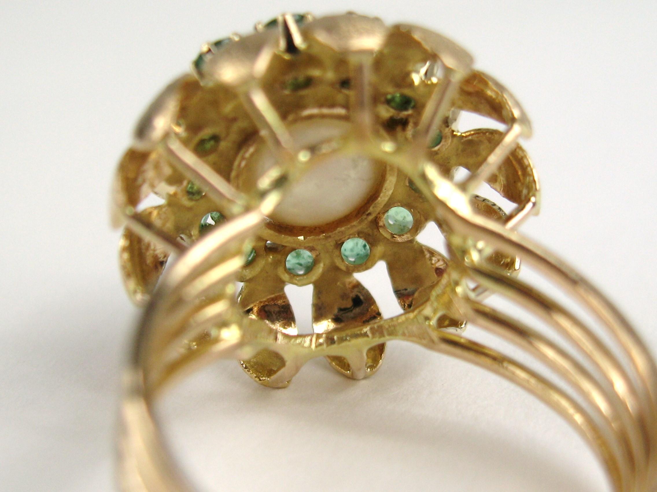 Women's 14 Karat Gold Pearl Emerald Cocktail Ring, 1960s For Sale