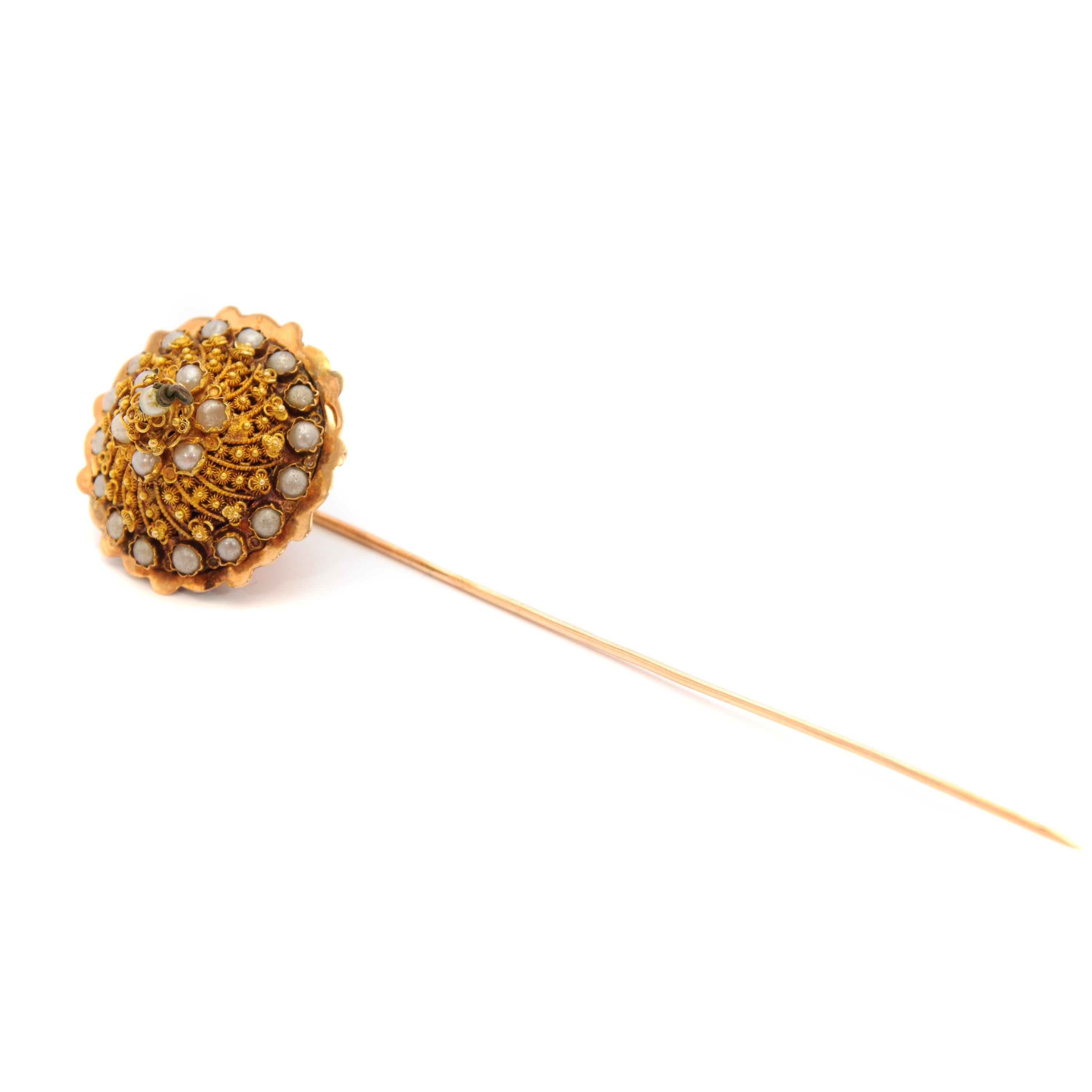 Victorian Antique 14K Gold Cannetille Pearl Lapel Stick Pin For Sale