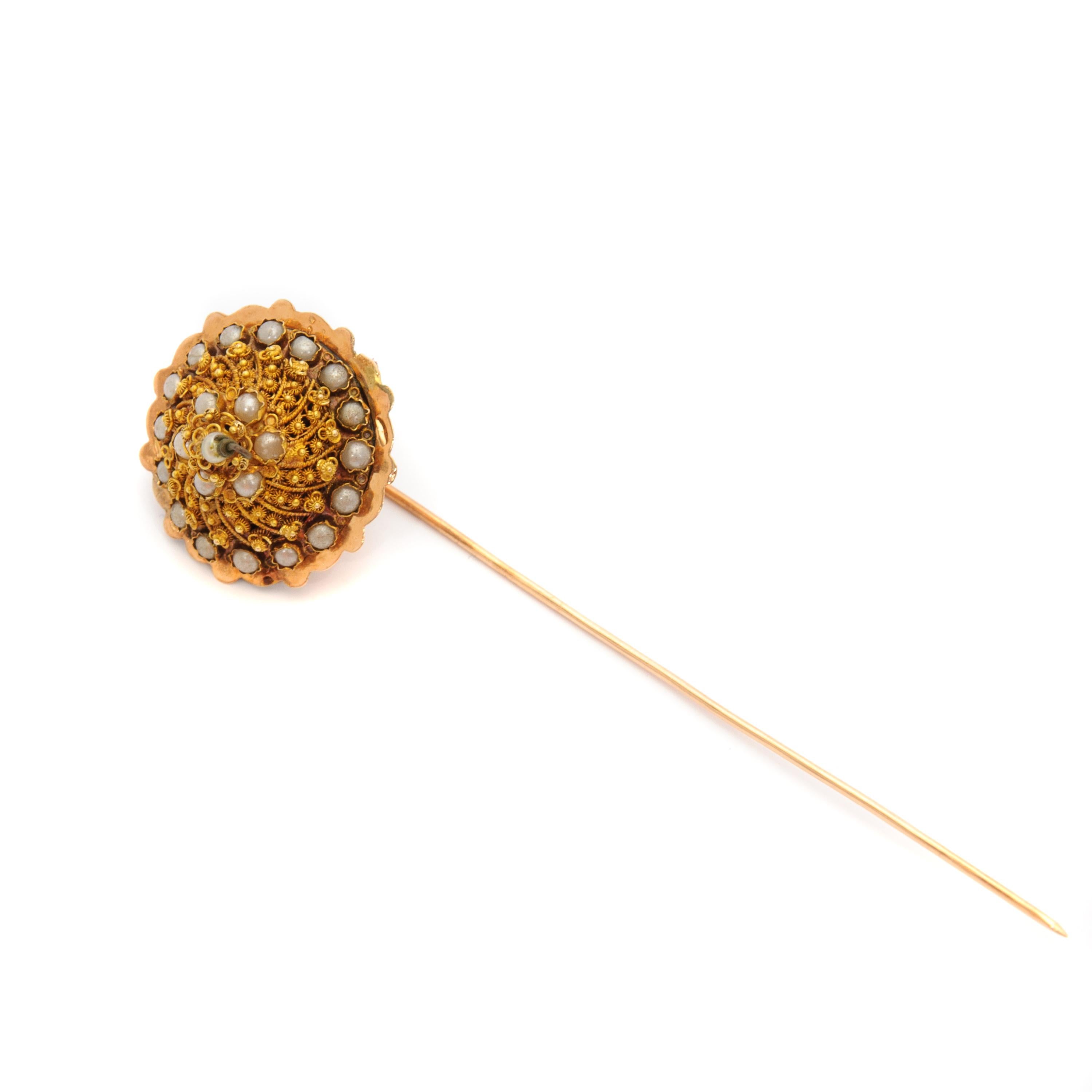 Round Cut Antique 14K Gold Cannetille Pearl Lapel Stick Pin For Sale