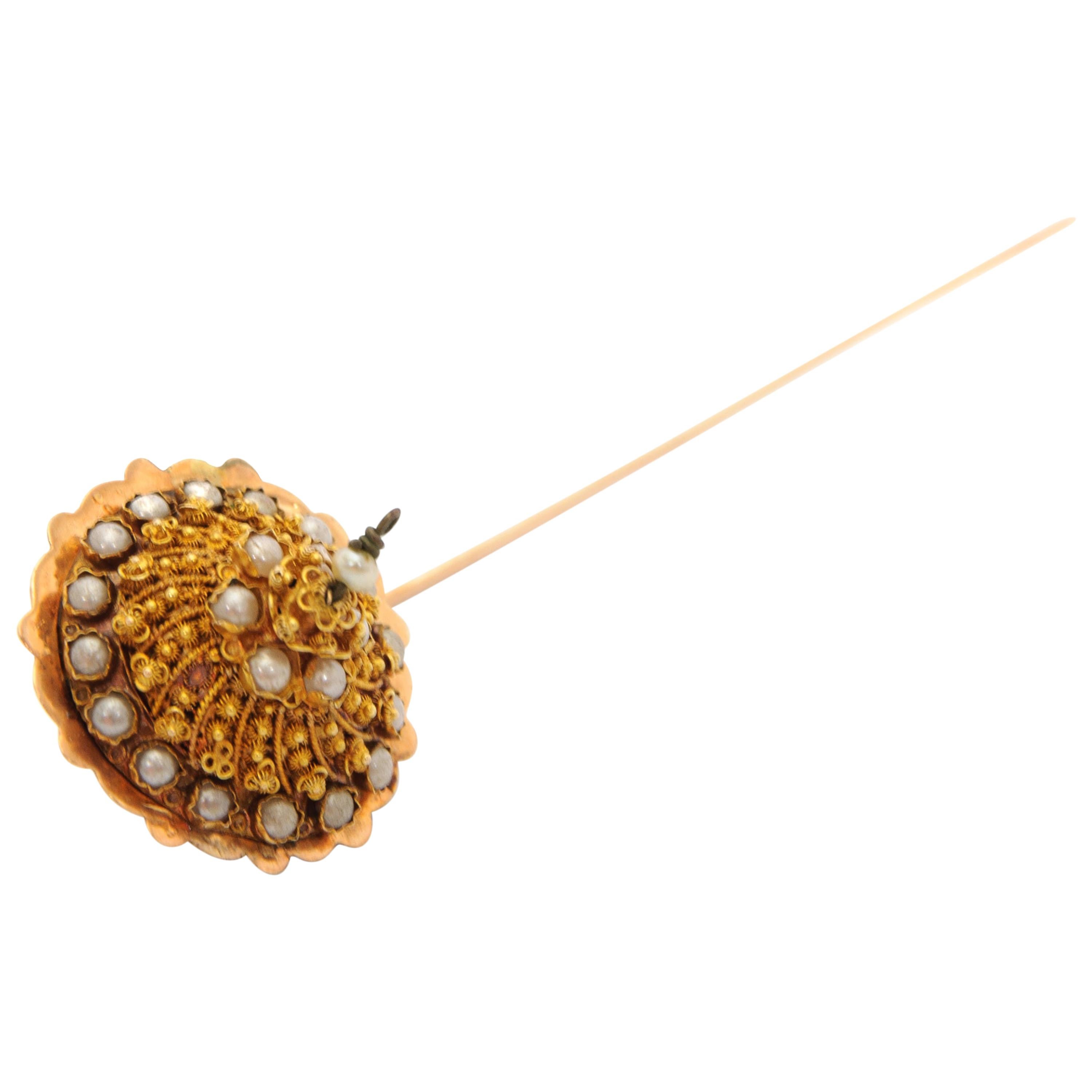 Antique 14K Gold Cannetille Pearl Lapel Stick Pin For Sale