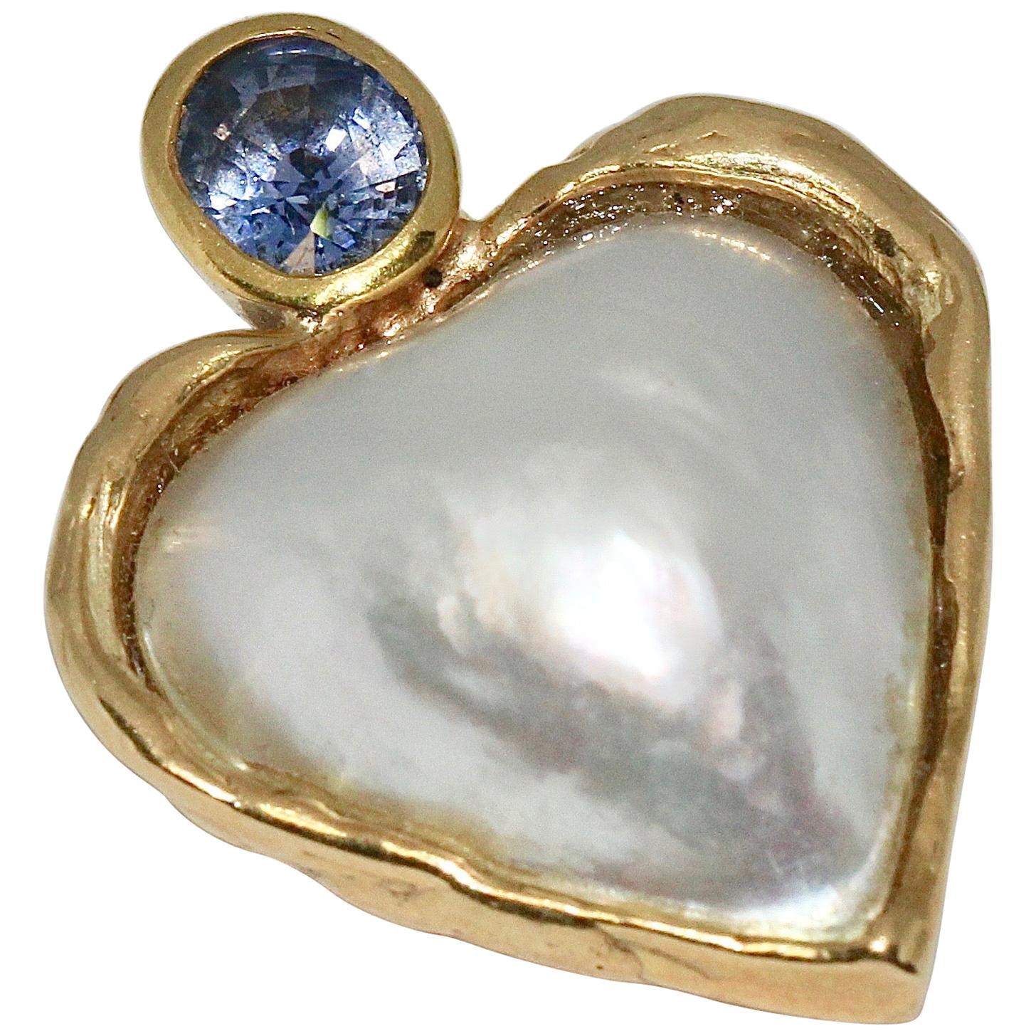 14 Karat Gold Pendant, Enhancer, as Heart, with Mabé Pearl and Sapphire For Sale