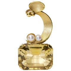 14 Karat Gold Pendant Enhancer with Big Citrine and Two Pearls