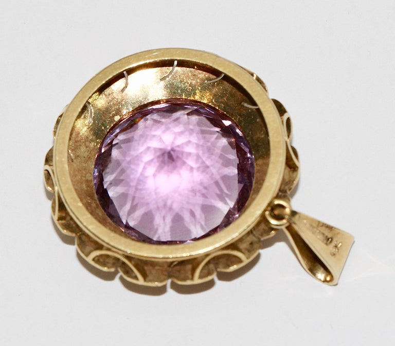 14 Karat Gold Pendant, Enhancer with Large, Faceted Amethyst For Sale