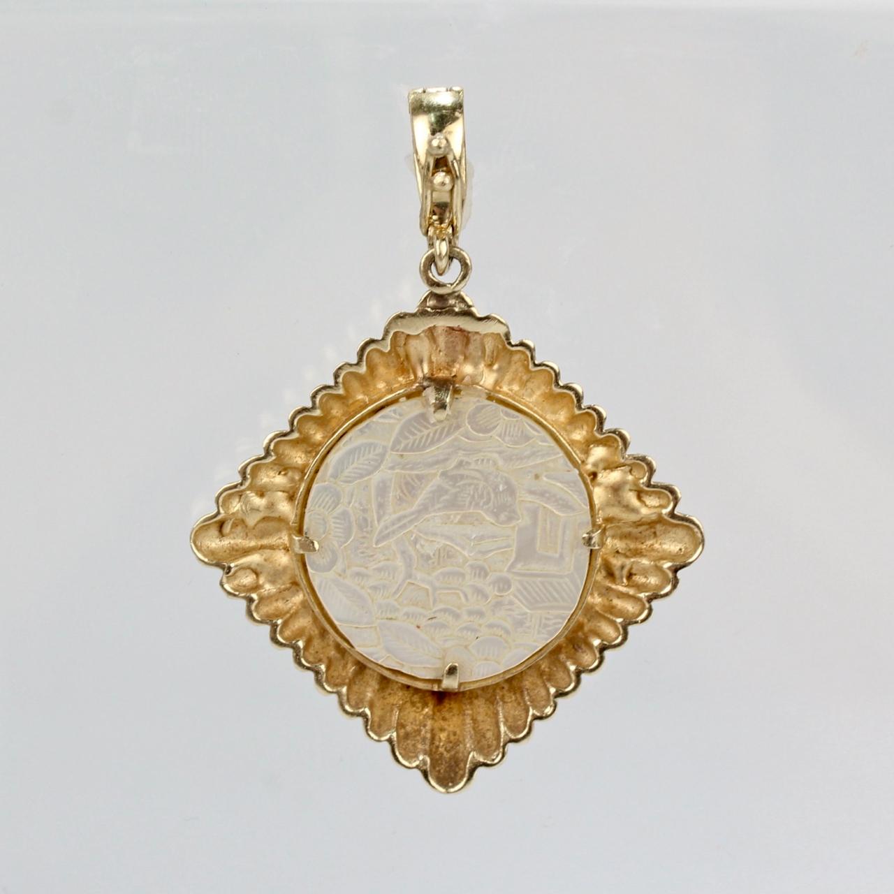 Artisan 14 Karat Gold Pendant Set with a Chinese Carved Mother-of-Pearl Game Chip