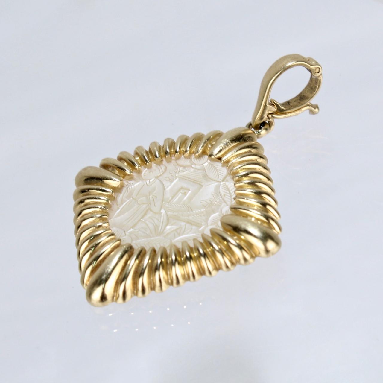 14 Karat Gold Pendant Set with a Chinese Carved Mother-of-Pearl Game Chip In Good Condition In Philadelphia, PA