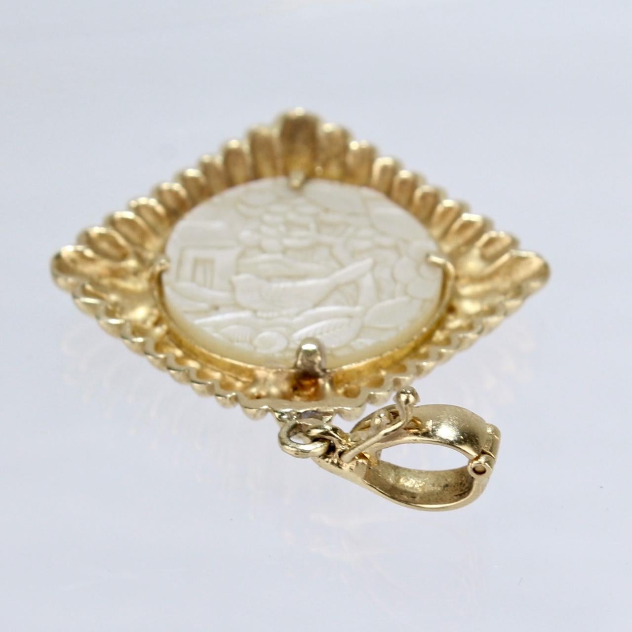 Women's or Men's 14 Karat Gold Pendant Set with a Chinese Carved Mother-of-Pearl Game Chip