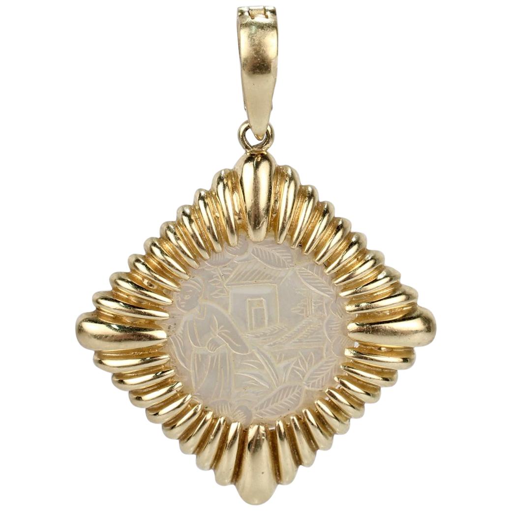 14 Karat Gold Pendant Set with a Chinese Carved Mother-of-Pearl Game Chip