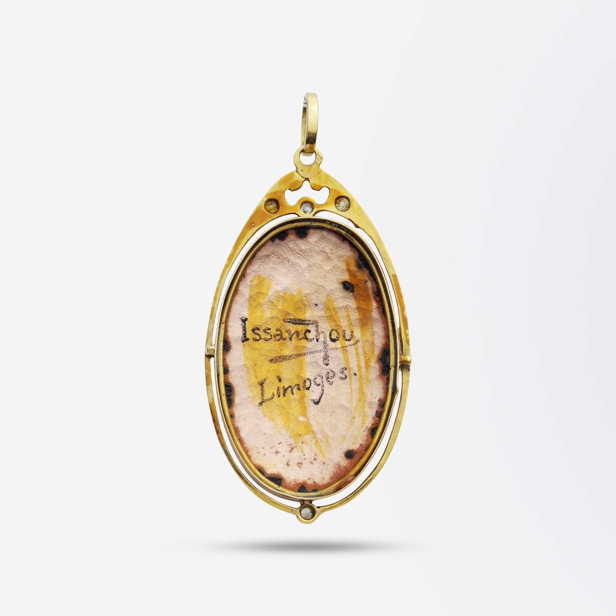 A very fine Art Nouveau enamelled portrait pendant in two tone 14kt gold, set with diamonds. The piece dates to France during the early 20th century at the height of the Art Nouveau movement. The enamelled portrait of a young woman is signed