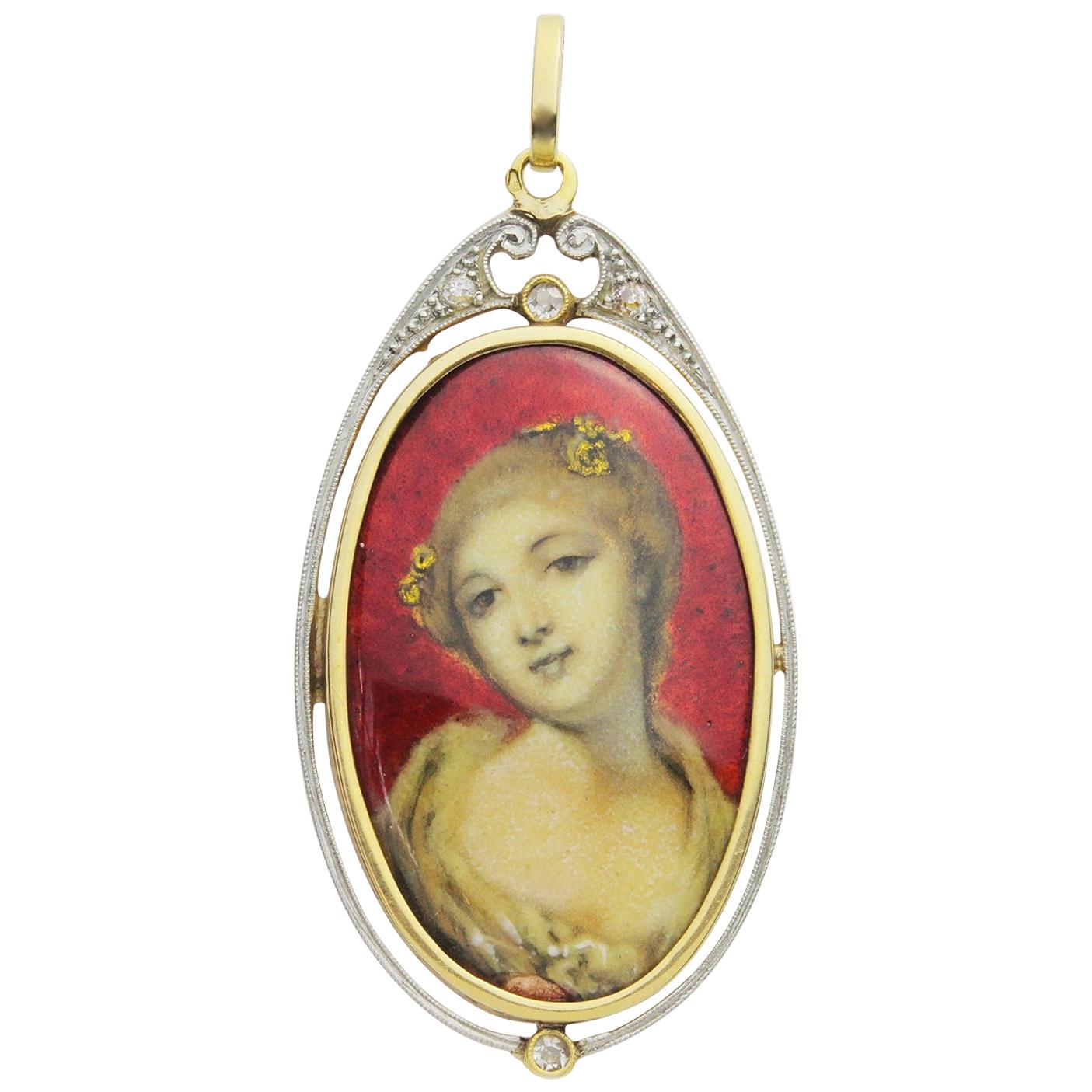 14 Karat Gold Pendant with Enamelled Portrait and Diamonds For Sale