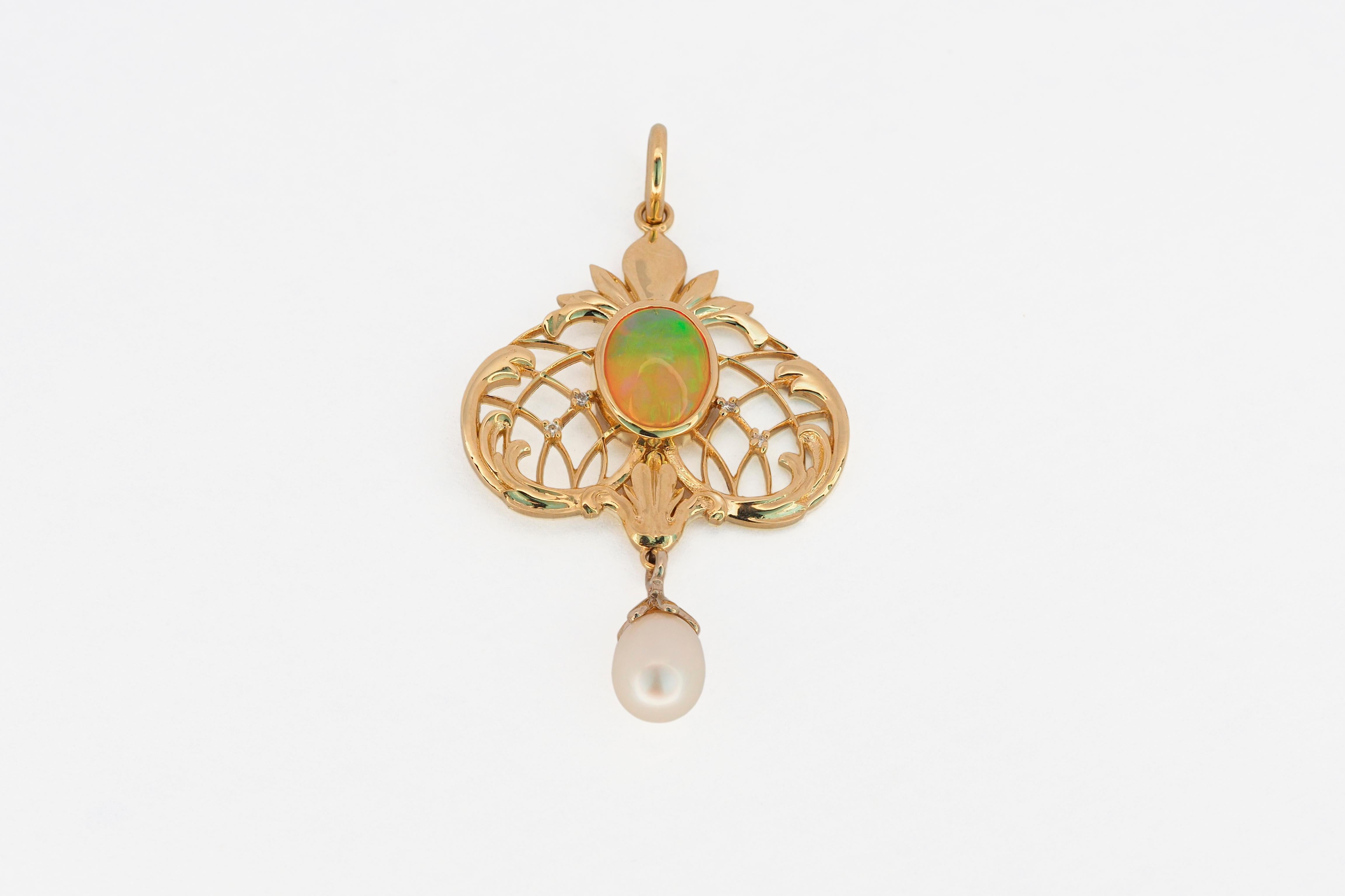 Taille cabochon Pendentif en or 14 carats avec opale, perle et diamants en vente