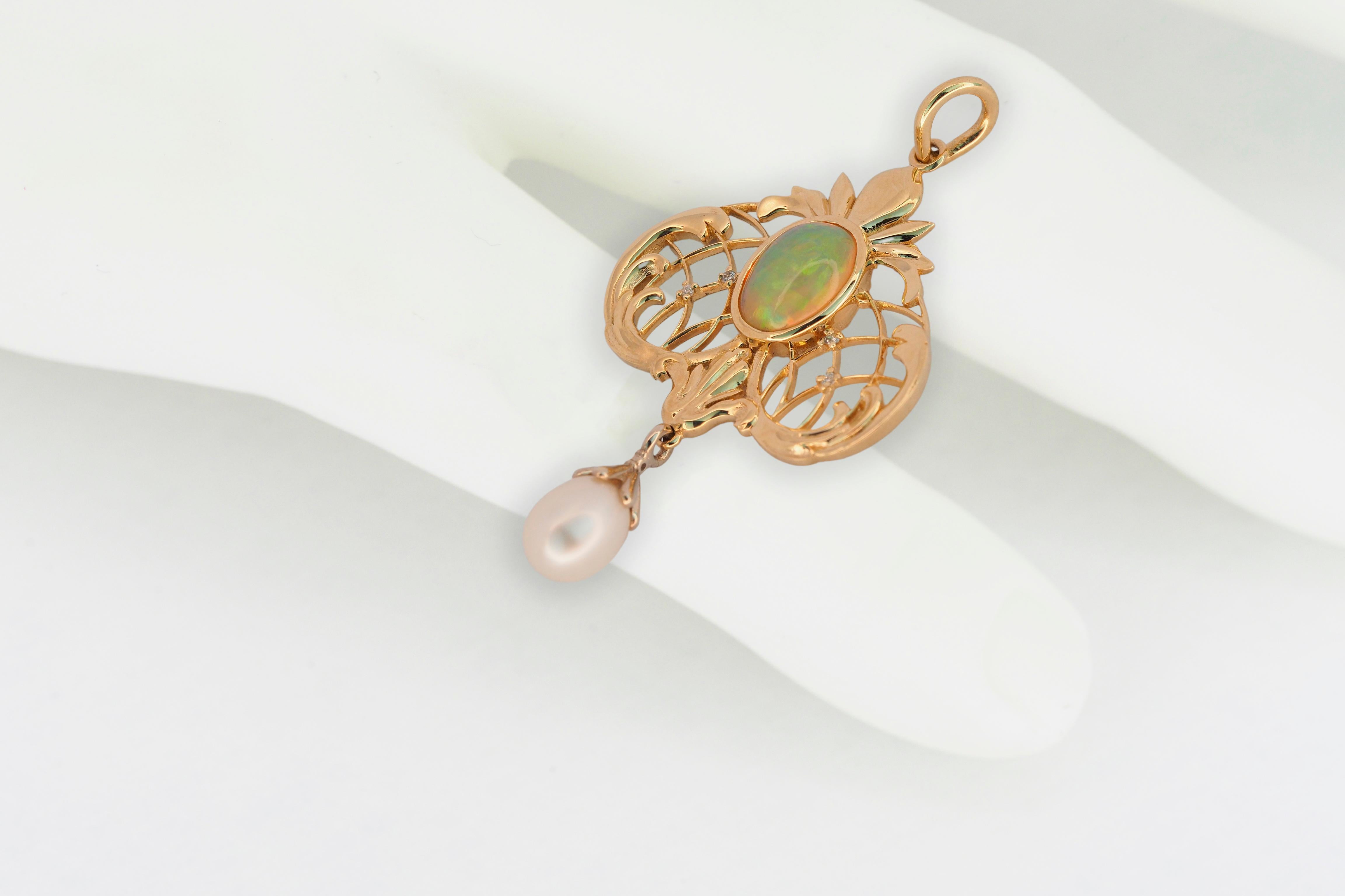 14 Karat Gold Pendant with Opal, Pearl and Diamonds For Sale 2