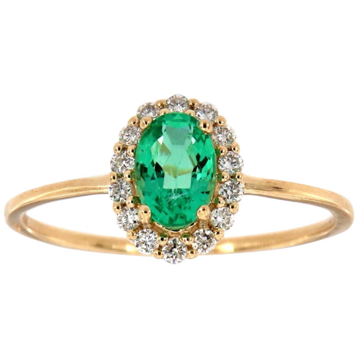 14 Karat Gold Petite Oval Green Emerald Halo Diamond Ring Center, 1/2 Carat For Sale
