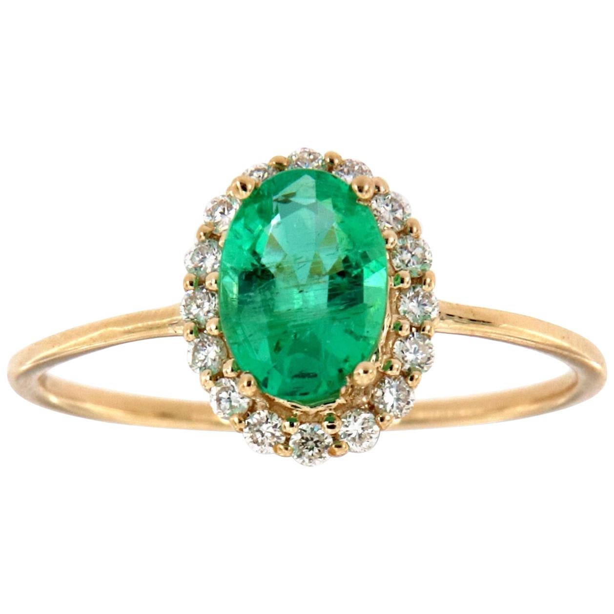 14 Karat Gold Petite Oval Green Emerald Halo Diamond Ring Center-3/4 Carat For Sale