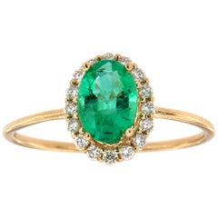 14 Karat Gold Petite Oval Green Emerald Halo Diamond Ring Center-3/4 Carat