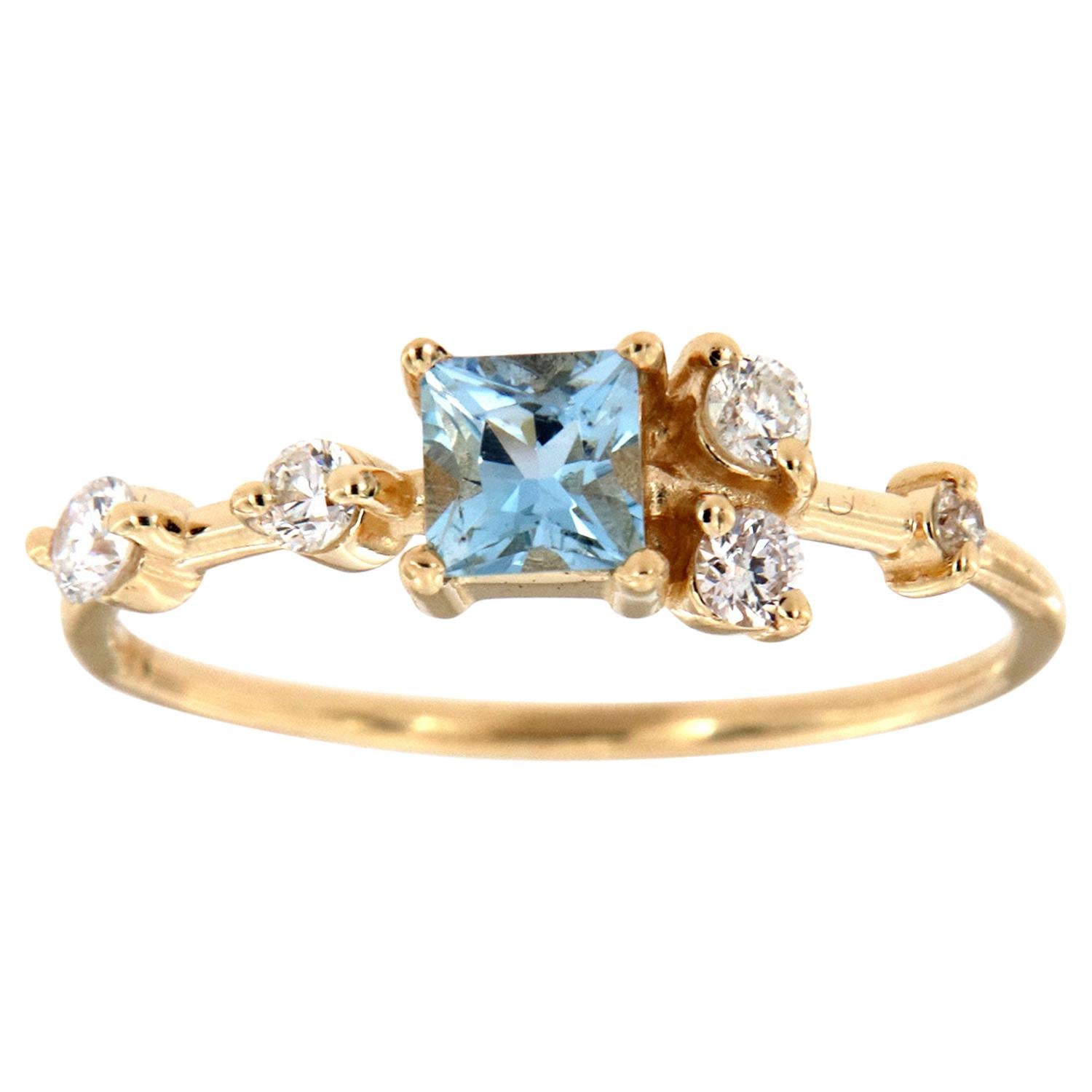 14 Karat Gold Petite Teal Princess Sapphire Diamond Ring Center 0.28 Carat For Sale