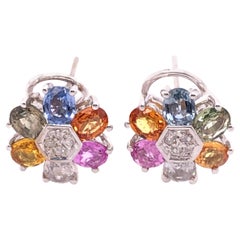 14 Karat Gold Pierced Earrings Multicolored Diamond and Semi Precious Stones