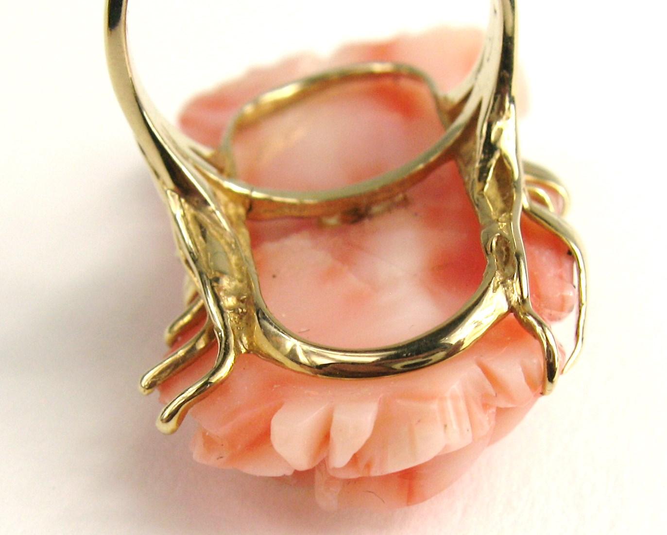 14 Karat Gold Pink Angel Carved Floral Coral Ring For Sale 3