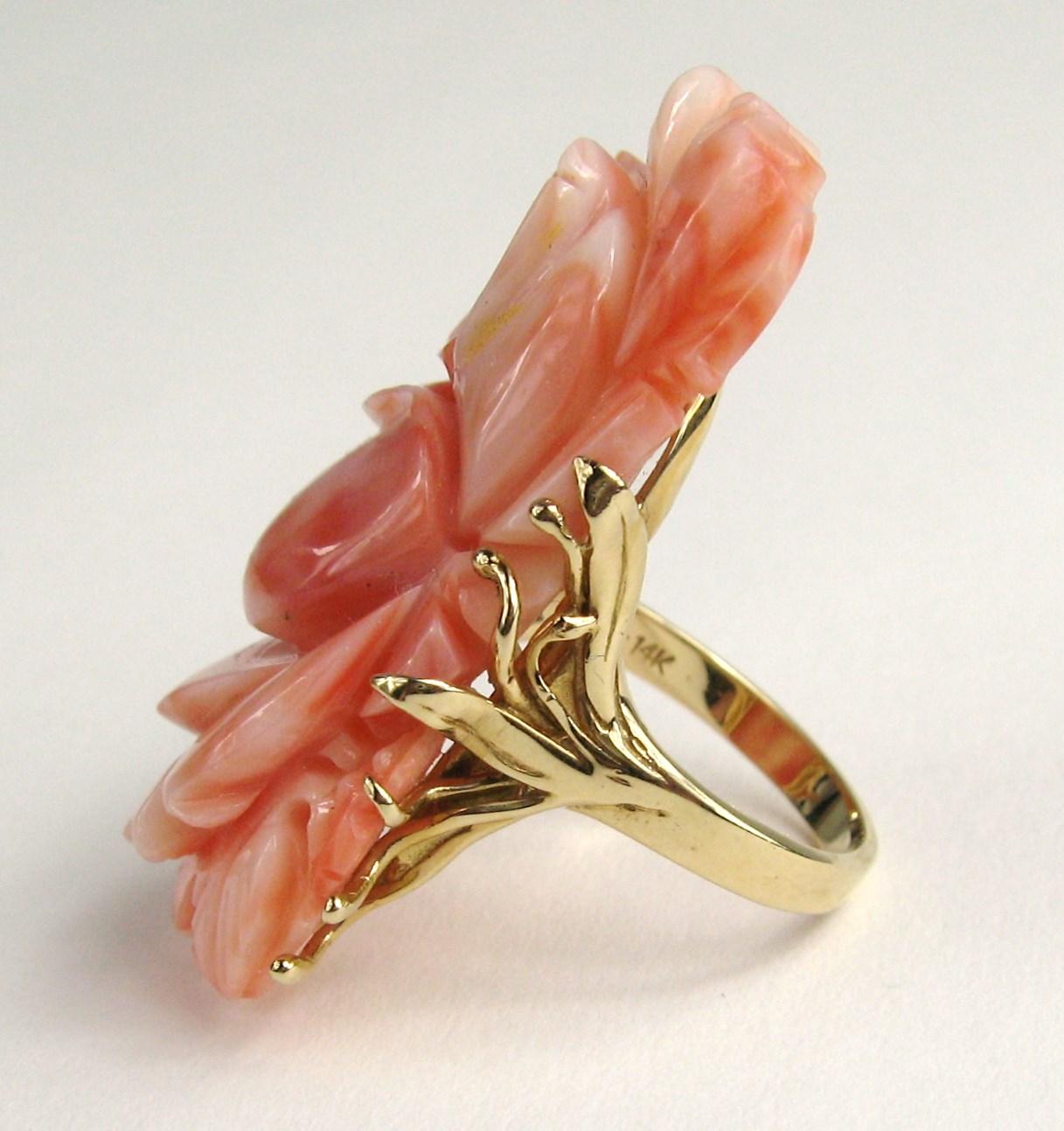 Women's 14 Karat Gold Pink Angel Carved Floral Coral Ring For Sale