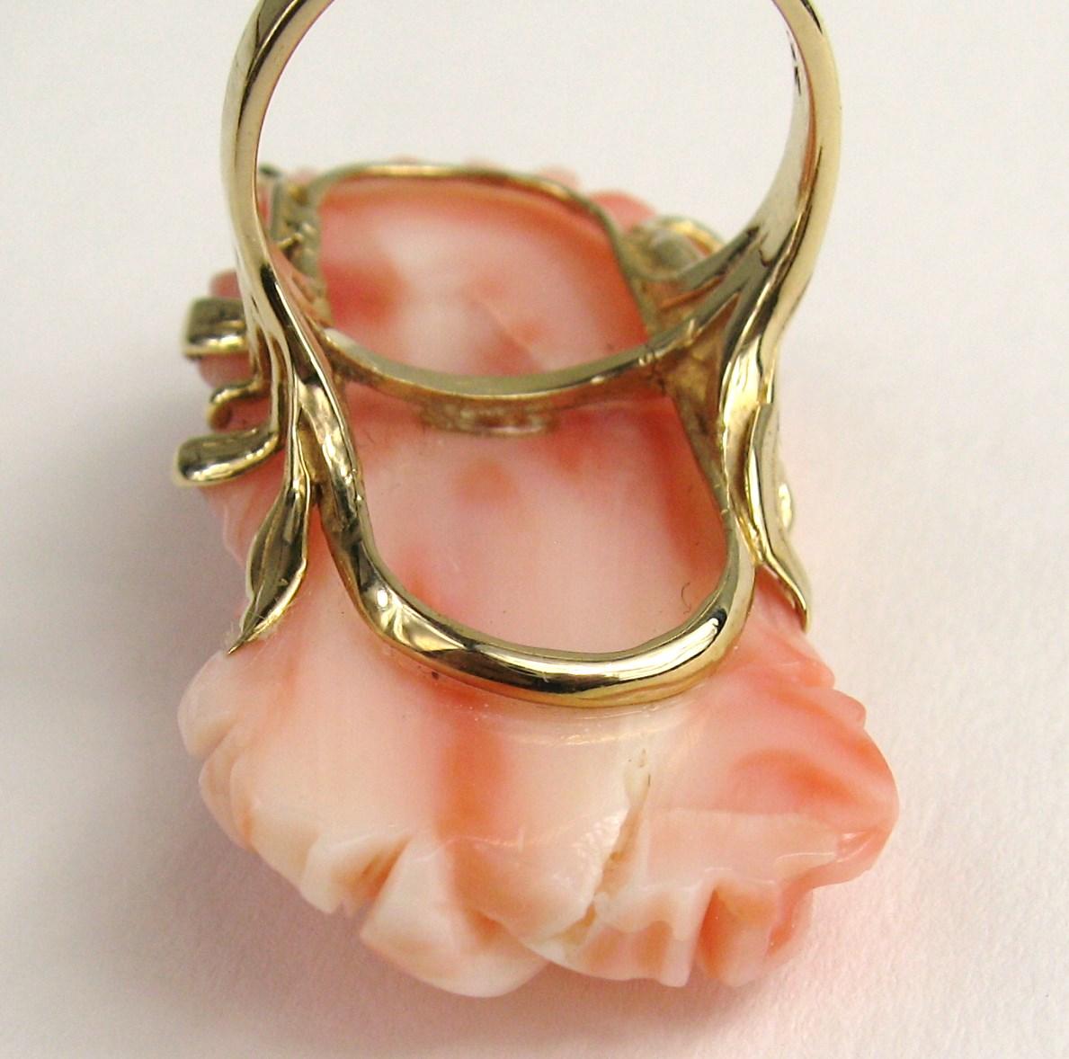 14 Karat Gold Pink Angel Carved Floral Coral Ring For Sale 2