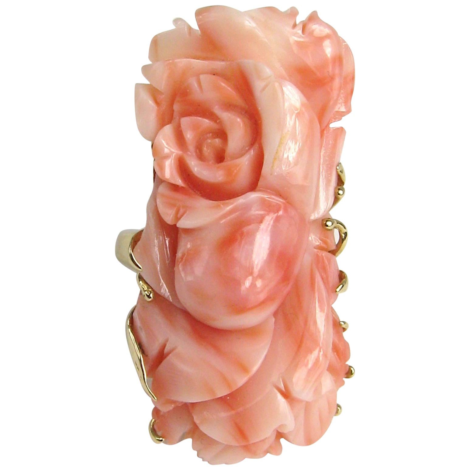 14 Karat Gold Pink Angel Carved Floral Coral Ring