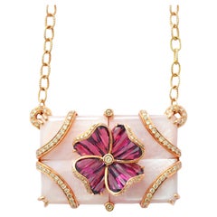 14 Karat Gold Pink Mother of Pearl Rhodolite Special Cut Flower Pendant Necklace